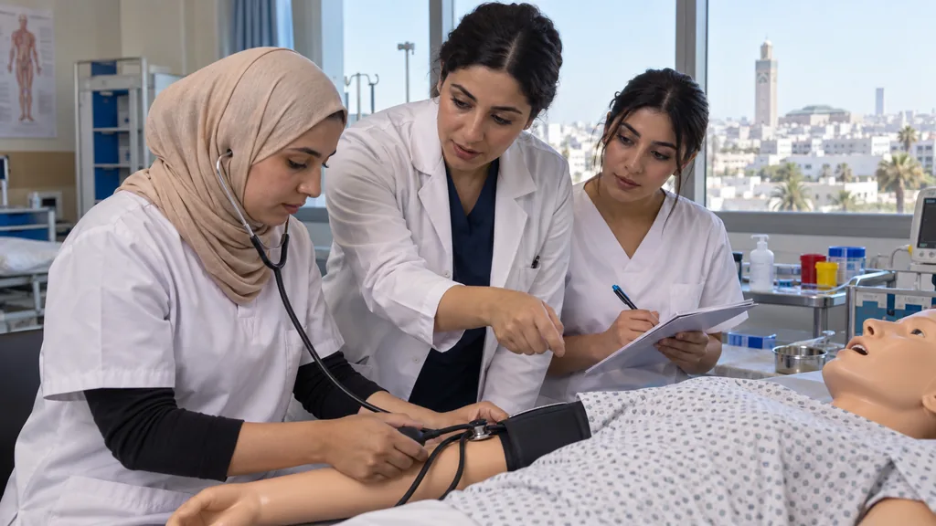 Formation santé Marrakech : une formatrice accompagne des stagiaires au centre SANAD.