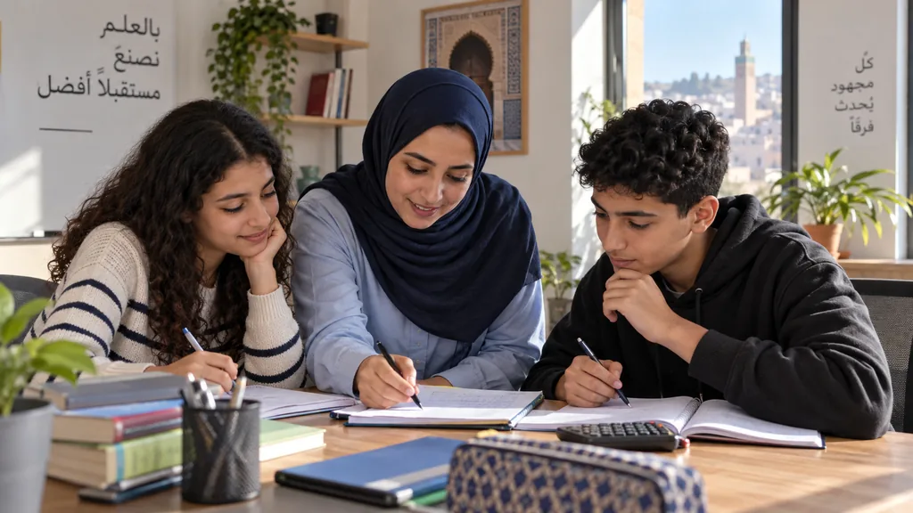 Une enseignante du centre SANAD aide deux élèves pendant une séance de soutien scolaire à Marrakech.